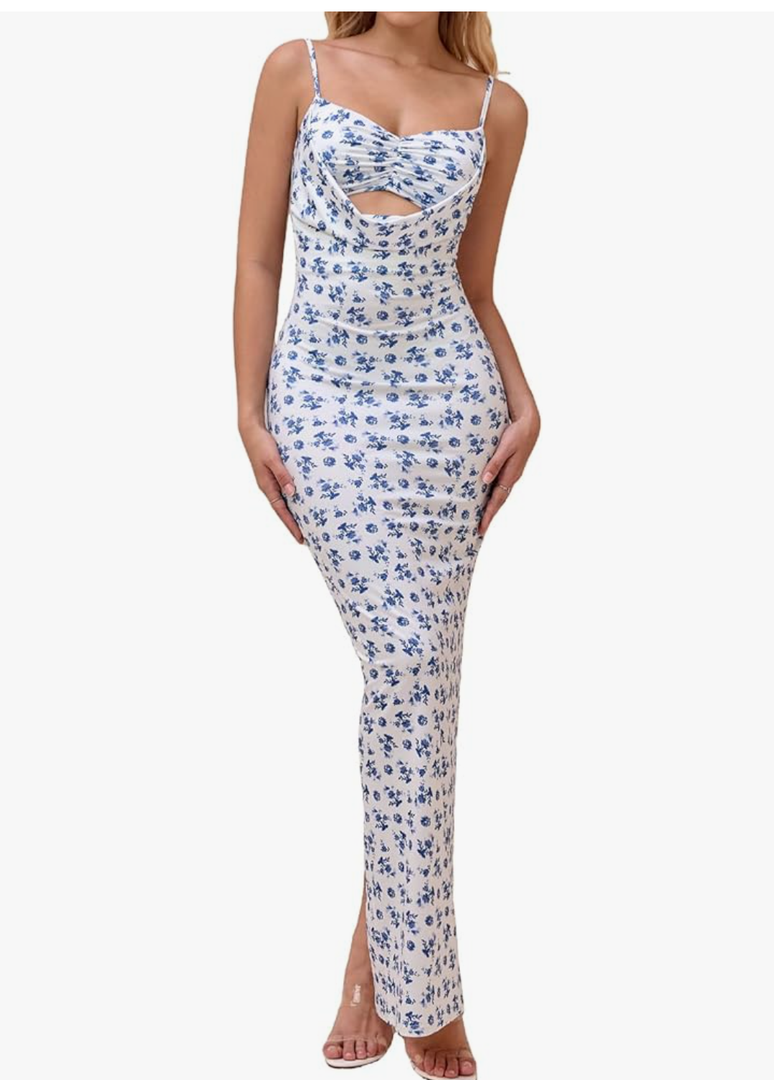XinFSh Women's Summer Floral Bodycon Maxi Dress Spaghetti Strap Cutout Wedding Guest Long Dresses 2025, M