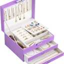 DreamGenius Jewelry Box for Women with Elegant Embroidered Design, 3-Layer Jewelry Organizers and Storage with 2 Drawers for Necklaces and Earrings Holder Organizer, Purple (Large)