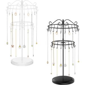 iDavosic.ly Set of 2 Tiered Rotating Necklace Holder Organizer, Adjustable Metal Bracelet Display Stand Rack, Extra Tall Keychain Spinning Tree Tower for Women, Black and White