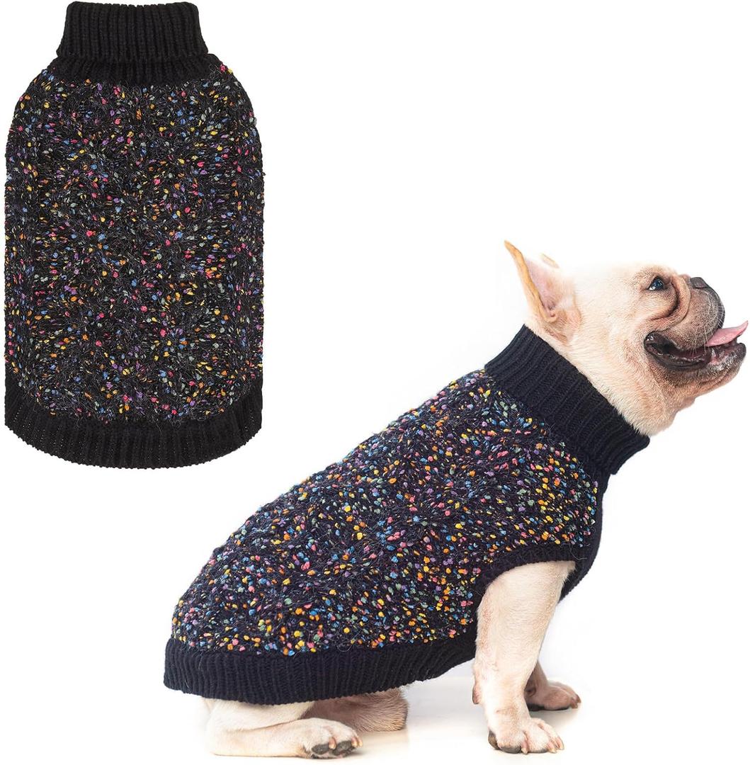 BEAUTYZOO Cable Knit Small Dog Sweater, Color Block with Fuzzy Thread Knitted Turtleneck Dog Knitwear with Dots in a Variety of Colors for Small Medium Dogs Fall Winter Dog Clothes, XS Black 