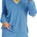 Tankaneo Womens V Neck 2 Piece Pajama Short Sets Color Block Loose Fit Long Sleeve Shirt and High Waisted Shorts Lounge Sets (Small, Blue)