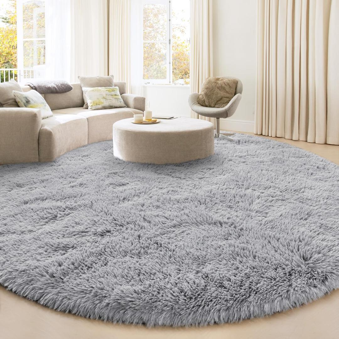 Large Round Area Rug for Living Room, 7x7 Fluffy Soft Circle Rugs for Bedroom, Washable Plush Shaggy Indoor Floor Bedside Kids Girls Nursery Room Circular Carpet, Home Decor Aesthetic, Grey