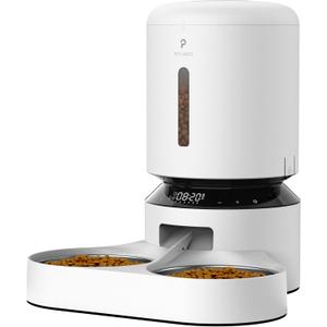 PETLIBRO Automatic Cat Food Dispenser for 2 Pets 5L Auto Dog Feeder Dry Food Dispenser with Splitter & 2 Stainless Bowls, 10s Meal Call and Timer Setting 50 Portions 6 Meals Per Day, Dual Tray Feeder (White)