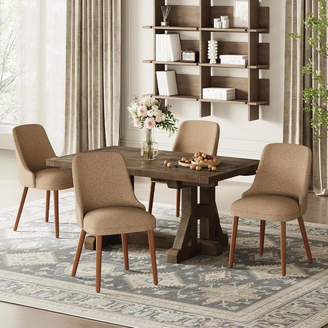 Dining Chairs Set of 4, Upholstered Dining Room Chair with Wood Legs, High-Back Padded Kitchen Chairs for Dining Room/Restaurant/Cafe, Camel