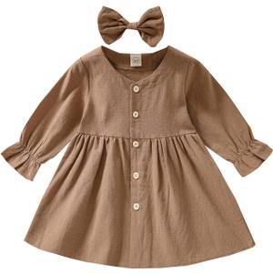 VISGOGO Baby Kids Girl Dresses Outfit Solid Color Long Sleeves Single-Breasted Dress + Headband 2Pcs Clothes (6-12 Months, Khaki)