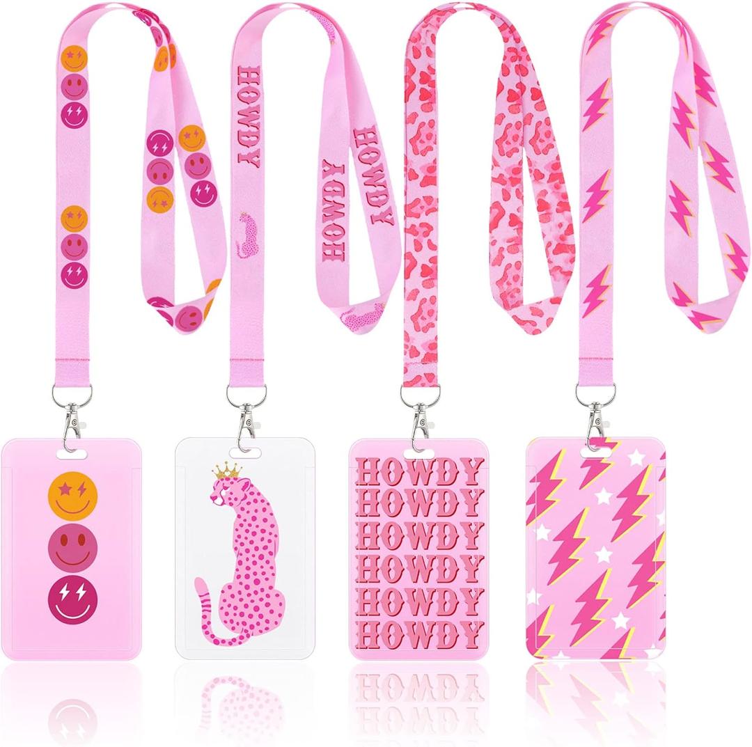 Lincia 4 Pack Preppy ID Badge Holder with Lanyard Preppy Lanyard with Clip Clasp Hard Card Case Pink Back to School Supplies Cool for School Decor for Women Girls Students Teachers Nurse Office Worker