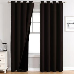 ChrisDowa 100% Blackout Curtains for Bedroom with Black Liner, 2 Thick Layers Total Blackout Thermal Insulated Grommet Long Window Curtains 2 Panels Set (Brown, 52 x 95 Inch)