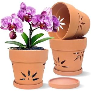 Thriving Thicket Handmade 3 Pack 6 inch Terracotta Orchid Pots with Holes and Saucers, Clay Orchid Planter Pots for Repotting, Small Terra Cotta Vase, Ceramic Plant Flower Pot Indoor Outdoor