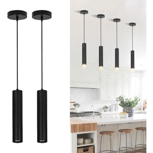 Modern Black Pendant Lights 2 Pack, LED Minimalist Pendant Lighting Fixture for Kitchen Island, Long Tube Hanging Light Cord Adjustable for Living Room Bedroom Dining Room Bar