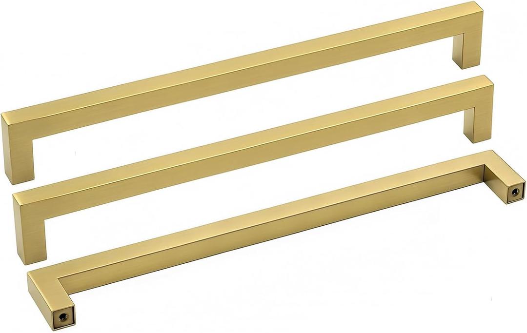 goldenwarm 15Pack Gold Drawer Pulls Kitchen Cabinet Hardware - LSJ12GD256 Modern Square Bar Pulls for Furniture Brushed Brass Dresser Handles Closet Door Pull (10in hole centers)