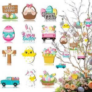 12Pcs Wooden Happy Easter Ornaments for Tree Cute Chick Rabbit Hanging Decorations Truck Easter Egg Spring Flower Hanging Ornaments Holiday Bunny Decorations for Indoor Courtyard Porch Decoration