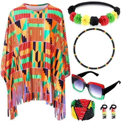 Hicarer 7 Pcs Black History Poncho Costume for Women African American Shawl Accessories Set Kente Jamaican Outfits