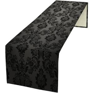 Black Damask Table Runner, Vintage Gothic Floral Exotic Bohemian Antique Victorian Baroque Dinner Runner for Farmhouse Party Holiday Home Kitchen Dining Table Decor 13"x70"