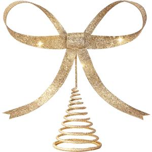 Glitter Metal Bow Tree Topper, Gold Color Festive Design, Spiral Base Holiday Decoration, Versatile Accessory for Easter Home Party Display (Gold1)