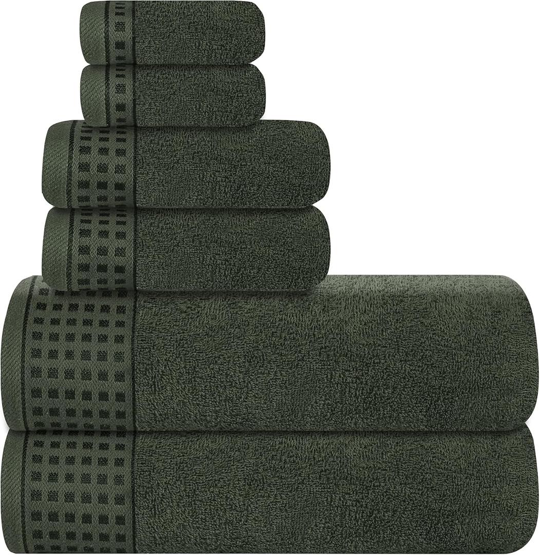 GLAMBURG 100% Cotton Ultra Soft 6 Pack Towel Set, Contains 2 Bath Towels 28x55 Inches, 2 Hand Towels 16x24 Inches & 2 Wash Coths 12x12 Inches, Compact Absorbent Lightweight & Quickdry - Olive Green