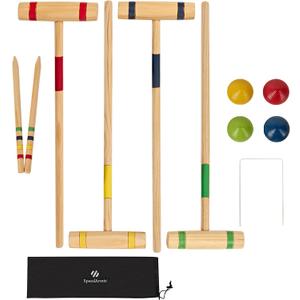 4-Player Croquet Set, 24" Pine Mallets Family Lawn Outdoor Game