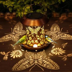 Solar Bird Feeders for Outdoors Metal Butterfly Lantern Hanging on a Tree Metal Wild Bird Feeder Decoration for Patio,Yard,Lawn,Pathway,Summer Garden Decor Gifts for Bird Lovers Mom Friends
