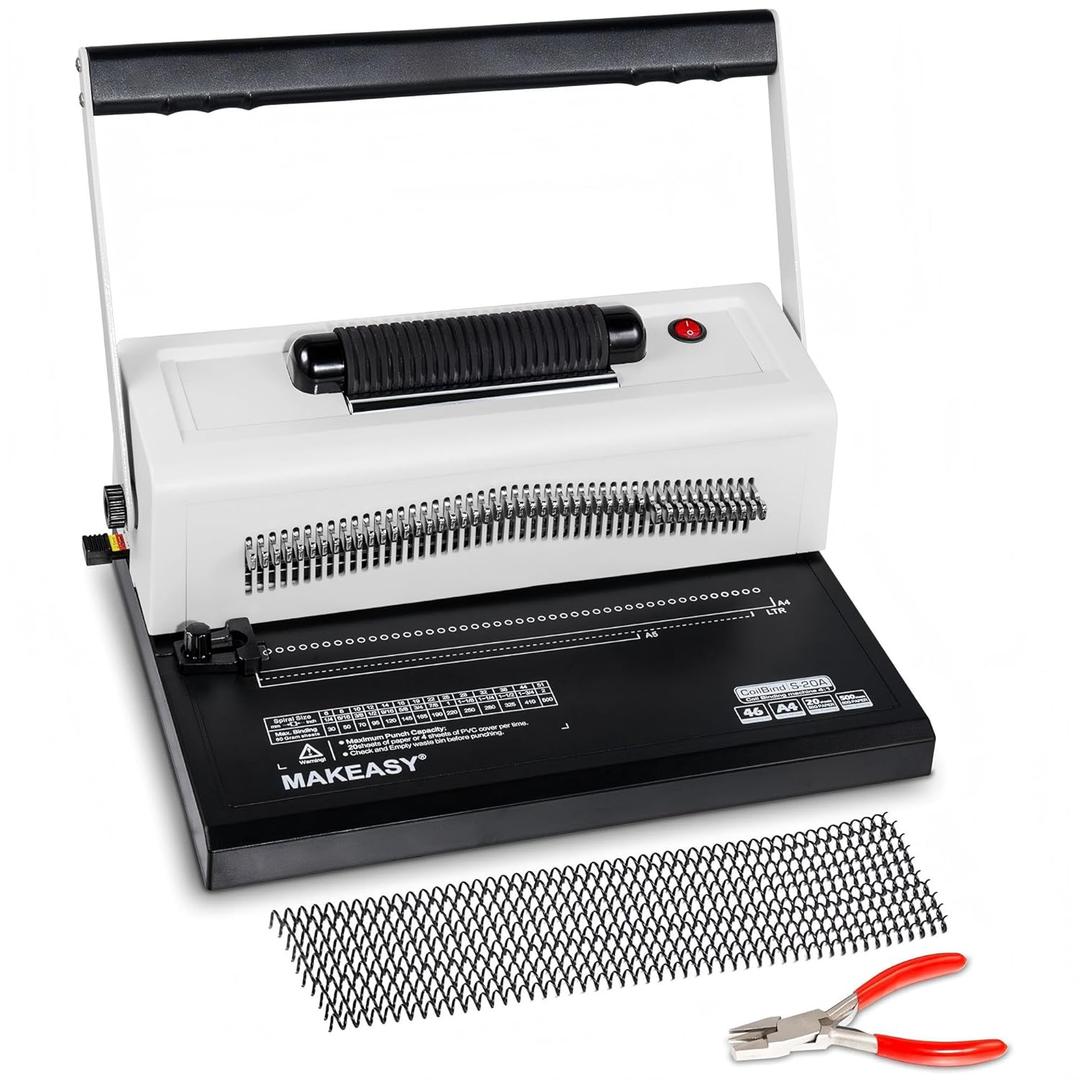 MAKEASY Spiral Coil Binding Machine with 46 Fully Disengaging Pins - 4:1 Pitch - Electric Coil Inserter - Adjustable Side Margin, Comes with Free 1 Box Coil Spines & Plier, 20 Sheet Punch Capacity