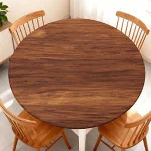 Round Fitted Tablecloth with Elastic Edge Design Table Cover Waterproof Stain-Resistant Wipeable Table Cloth Fits 53"-60" Round Tables for Camping, Picnic, Dining, Outdoor (Wood Grain)