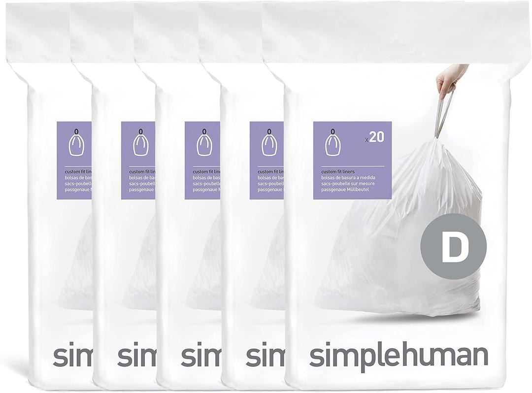 simplehuman Code D 100 Count, Dispenser Pack Custom Fit Liners, Drawstring Trash Bags, 20 Liter / 5.3 Gallon, White