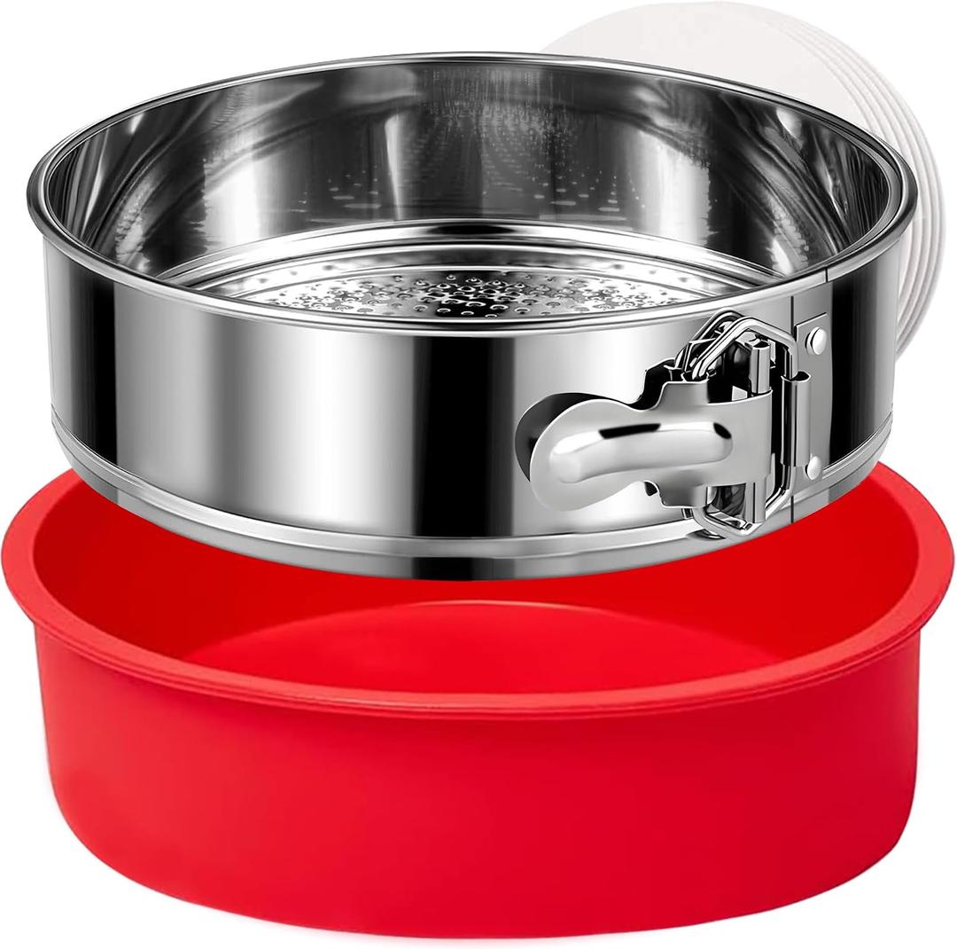 Stainless Steel Springform Pan 9 Inch Nonstick, Leakproof Spring Form Pan for Cheesecake, Cheesecake Pan with Protector, Cheese Cake Pans for Baking, 9 Inch Springform Pan with 50Pcs Parchment Paper