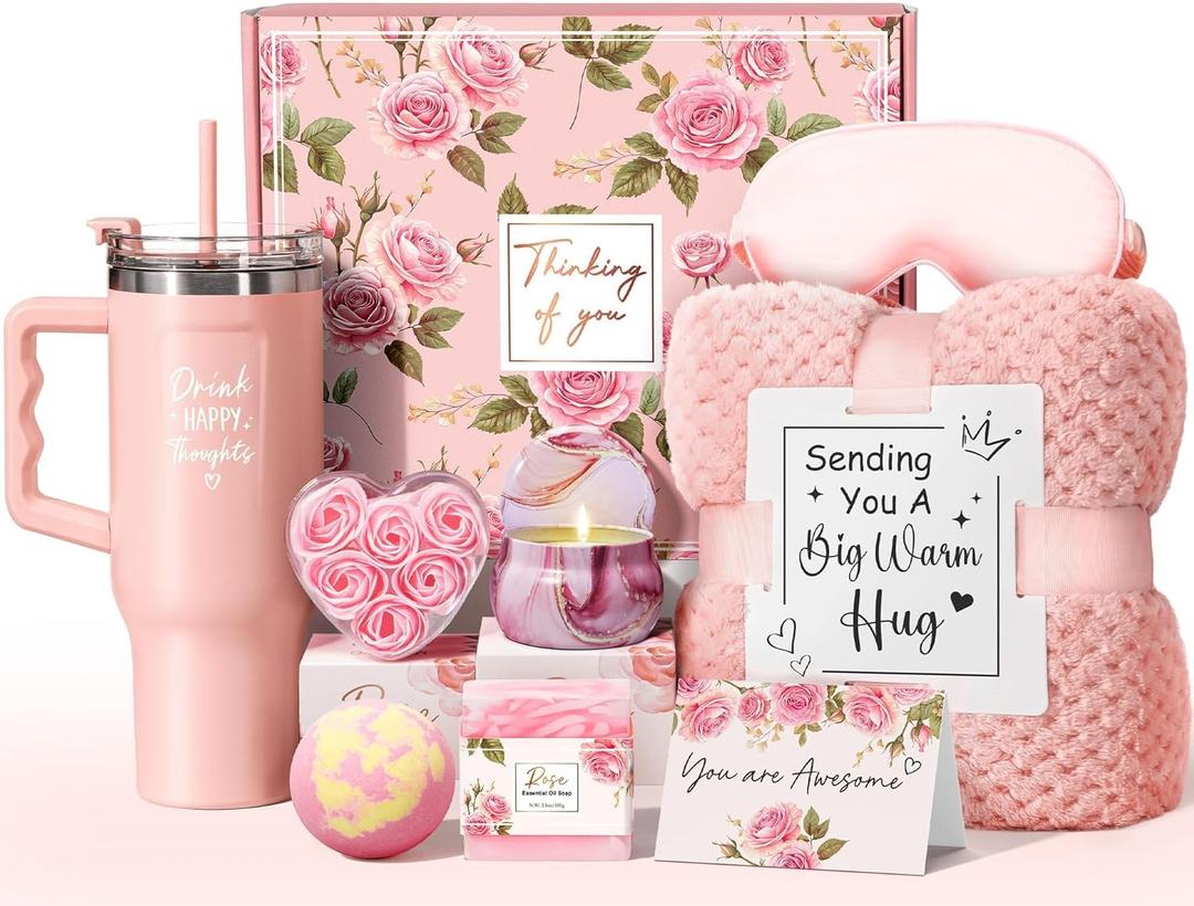 Birthday Gifts for Women Self Care Get Well Soon Gifts, Rose Relaxing Spa Gift Box Care Package Basket w/ Luxury Flannel Blanket 40 oz Tumbler, Mother's Day Gift for Mom Her Wife Girlfriend Sister