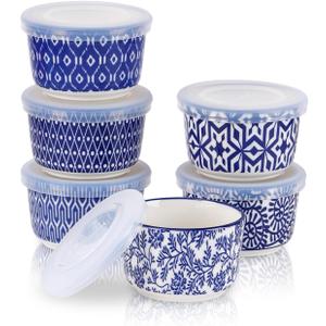 Selamica Ramekins with Lids 4 oz Oven Safe, Creme Brulee Ramekins Souffle Dishes with Covers, Stackable Ceramic Mini Ramekin Bowls Set for Dipping, Custard, Pudding, Baking, Set of 6, Vintage Blue
