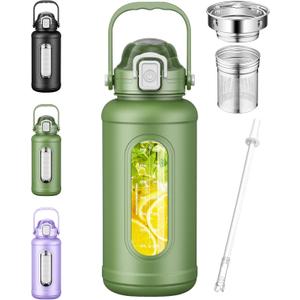 Nefeeko 50 oz Glass Water Bottles, Large Motivational Glass Water Bottle with Time Marker Straw, Wide Mouth Water Bottle Jug with Spout Lid Protective Sleeve for Gym Sports Home(Green)