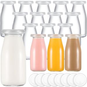 Zubebe 12 Pack Glass Milk Bottles Clear Party Bottles with Lids Glass Juice Jars Reusable Small Milk Jars Vintage Breakfast Shake Containers for Baby Shower Birthday Party Favors (6 oz)