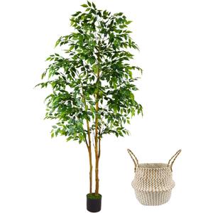 Artificial Ficus Tree, 7ft Silk Fake Ficus Leaves Plant with Basket, Indoor Outdoor Faux Green Tree for Home Garden Office House Livingroom Dcor