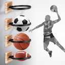 4 Pcs Wall Mount Basketball Holder with Wooden Base, Ball Storage Holders Display Rack for Autograph Basketball, Football, Soccer, Volleyball Collection, Sports Accessories Organizer for Player Fans