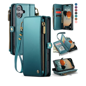 Defencase Compatible with iPhone 17 Case Wallet with RFID Blocking Card Holder for Women and Men, Fashion PU Leather Magnetic Snap Flip Zipper Strap Wallet Phone Case for iPhone 17 6.3", Blue Green