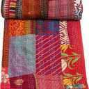 Marubhumi Handmade Cotton Quilts Kantha Blanket Indian Silk Sari Patchwork Quilts (Red, Baby (40"x 60"))