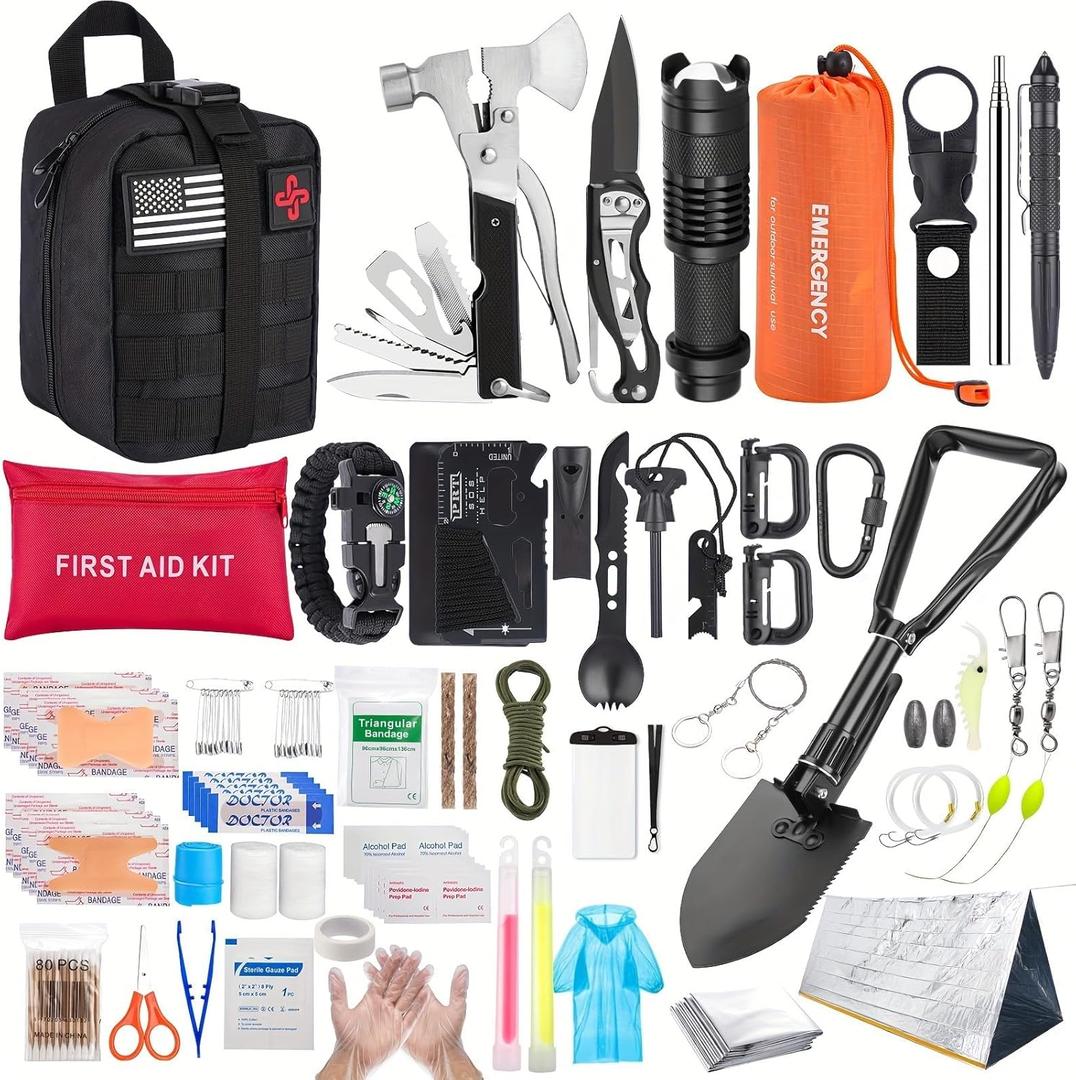 Survival Kit, 252Pcs Survival Gear First Aid Kit with Molle System Compatible Bag and Emergency Tent, Emergency Kit for Earthquake, Outdoor Adventure, Hiking, Hunting, Gifts for Men Women (Black)