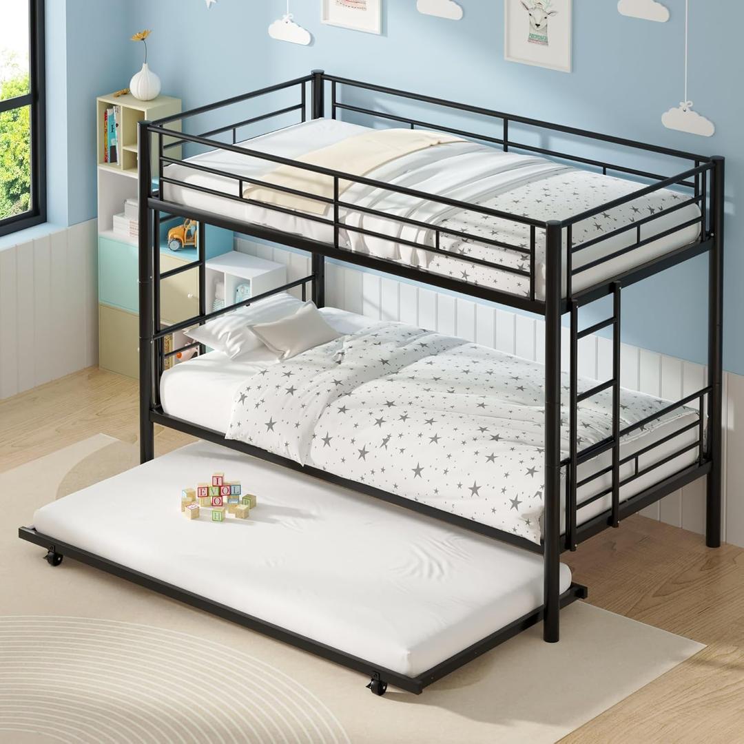 VECELO Twin Over Twin Bunk Bed with Trundle, Metal Bunkbeds with Ladder and Full-Length Guardrail, Noise Free, No Box Spring Needed, Black