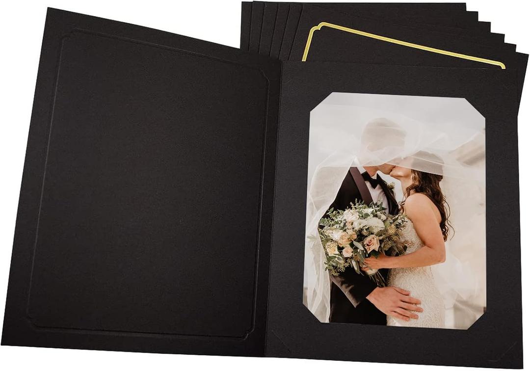 Golden State Art, 25 Pack, Photo Folders for 6x8/8x10 Picture, Cardboard/Paper Frames, Events: Graduation, Wedding, Christmas, Great Invitation/Greetings Cards (Black with Gold Lining)