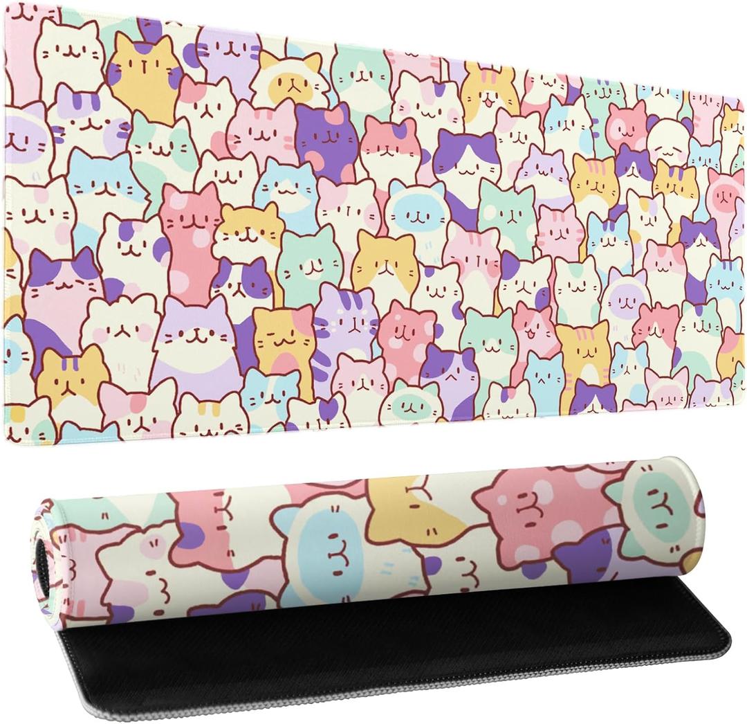Kawaii Large Mouse Pad 31.5x11.8 Inches XL Extended Gaming Mousepad Funny Cute Cat Desk Mat, Long Computer Keyboard Mouse Mat Non-Slip Base Desk Pad Stitched Edges for Home Game Office Work