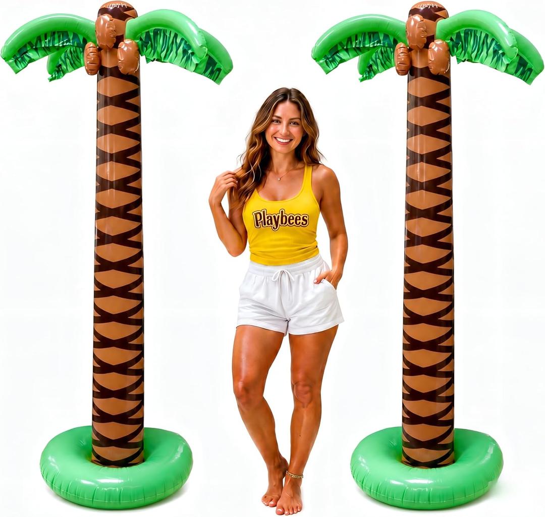 Playbees Giant Inflatable Palm Trees, 66 Inch (5.5 FT), 2 Pack, Tropical Luau Party Decorations for Beach, Poolside, Hawaiian Theme and Outdoor Events, Easy Inflation