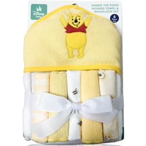 Cudlie Winnie The Pooh Bath Towel Set | Winnie The Pooh Hooded Baby Bath Towel | Includes Hoodie Towel & 5 Wash Cloths | Yellow/White | Officially Licensed