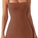 QINSEN Women's Square Neck Bodice Dress Sleeveless Tank Top Stretch Flare Mini Dresses, Medium, Carob Brown