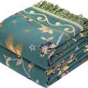 VANJOROY Boho 100% Organic Cotton Muslin Throw Blanket 50" x 60" - All Season Rustic Ultra Soft Breathable Floral Bird Blanket for Bed Sofa Couch Chair Bedspread Quilt Gift-Teal/Beige