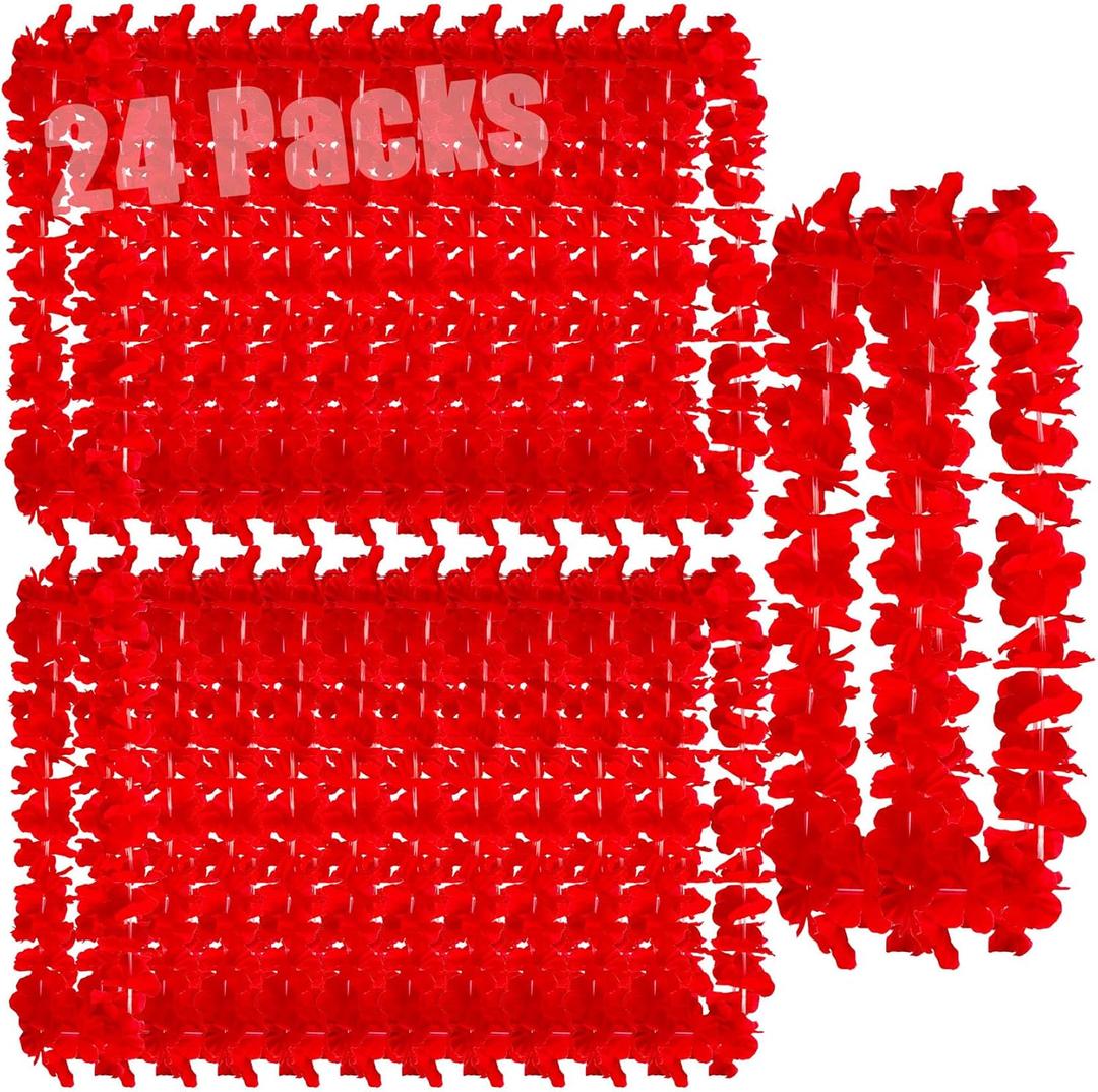 Leis for Luau Party, 24 Count Thick and Lush Flower, Graduations, Birthdays, and Beach Weddings, Tropical Party Decorations Single Color Red White Black Green Pink Blue (24 RED)