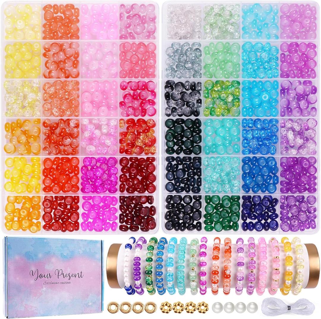1380pcs Rondelle Glass Beads for Jewelry Making, 48 Colors Abacus Glass Beads for Bracelet,5x8mm Bracelet Making Kit with Gemstone Spacer Rondelle Beads for DIY Crafts Gifts (2 Box)