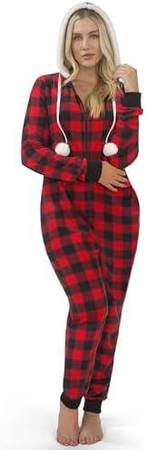 Giggling Getup Women Christmas Pajamas, Buffalo Plaid Pajamas with Hood, Flannel Sherpa One Piece PJ Size S