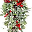 20 Inch Large Christmas Mistletoe Teardrop Swags Decor Christmas Holiday Kissing Mistletoe Artificial Hanging Bouquet Xmas Ornament with Sprigs Red Berries for Xmas Holiday Decor