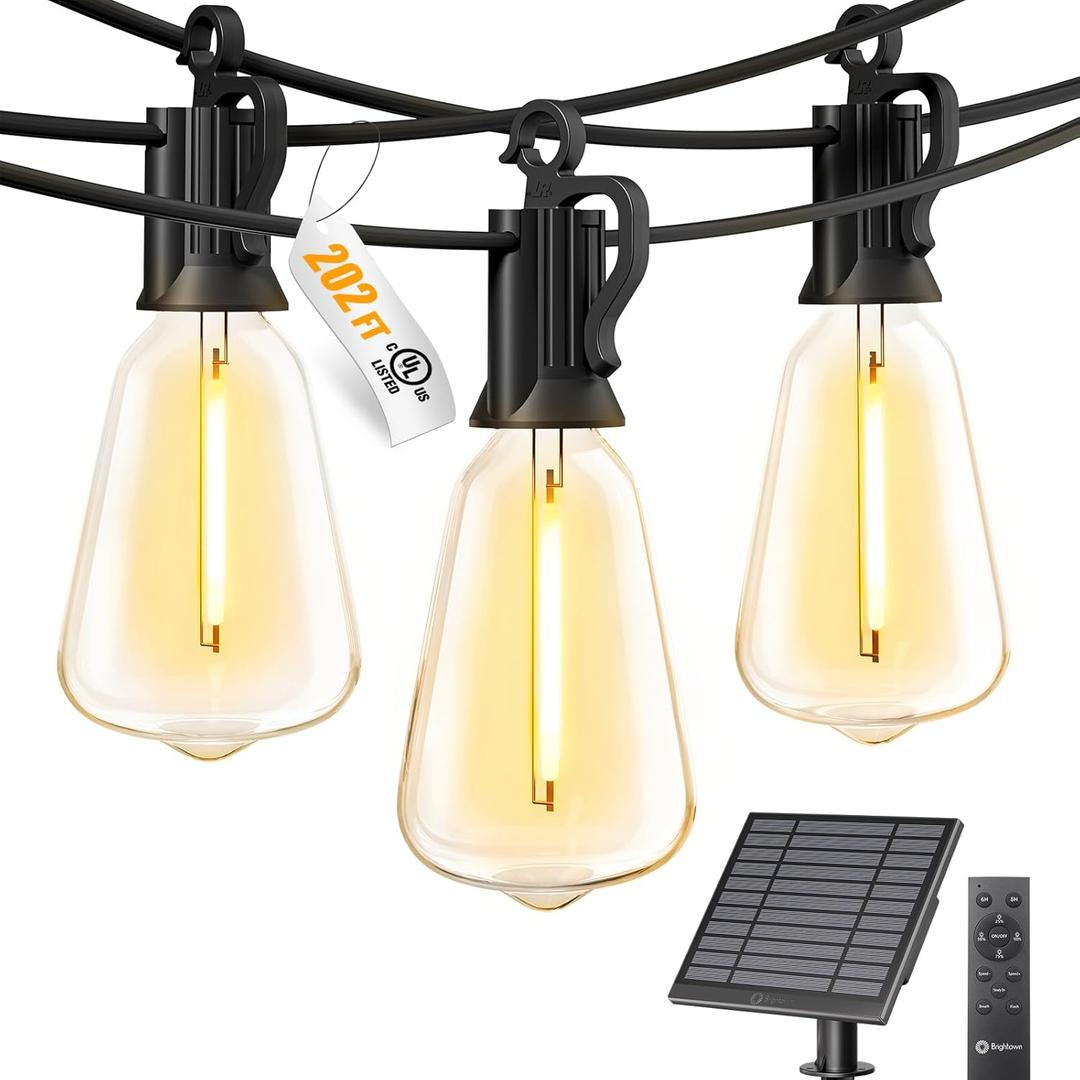 Brightown 202FT Solar String Lights Outdoor Waterproof with Remote, 65+2 LED Shatterproof Bulbs, Dimmable & Timable, 3 Light Modes - Commercial Grade Patio Lights for Garden Backyard Party Decor