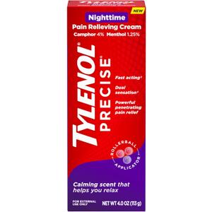 Tylenol Precise Nighttime Pain Relieving Cream, Topical Relief with 4% Camphor & 1.25% Menthol for Fast Acting & Penetrating Joint & Muscle Pain Relief, Calming Scent for Relaxation, 4 oz, EXP JUN2027
