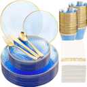 Rubtlamp 175 Pcs Plastic Dinnerware Set (25 Guests), Blue Disposable Plates With Gold Rim, Hammered Party Plates Set Include Dinner Platos, Dessert Platos, Cups, Cutlery And Napkins for Party