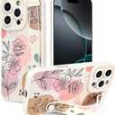 Case for iPhone 16 Pro 6.3 inch Silicone Phone Case with Strap for Women Girls Cute Floral Flowers Design, Adjustable Finger Strap Kickstand Protective Cover, Beige