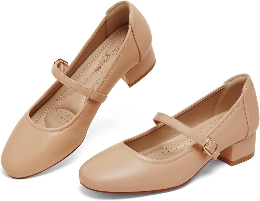 Mary Jane Shoes Women Low Heels Dress Shoes Pumps Low Heel 2 Inch Chunky Heel Mary Janes Pumps with Adjustable Ankle Strap for Women Dressy Casual, PUNude, Size6